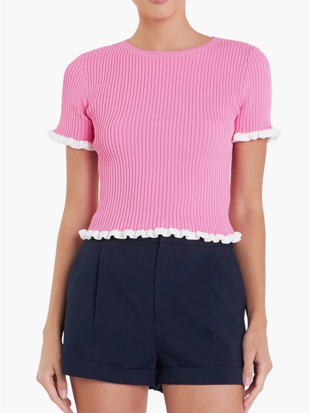 English Factory Ruffle Trim Short Sleeve Ribbed Sweater Size Medium